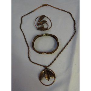 Vtg 30s Craftsman Bell Copper Trading Necklace Bracelet Pin Leaf Design JEWELRY